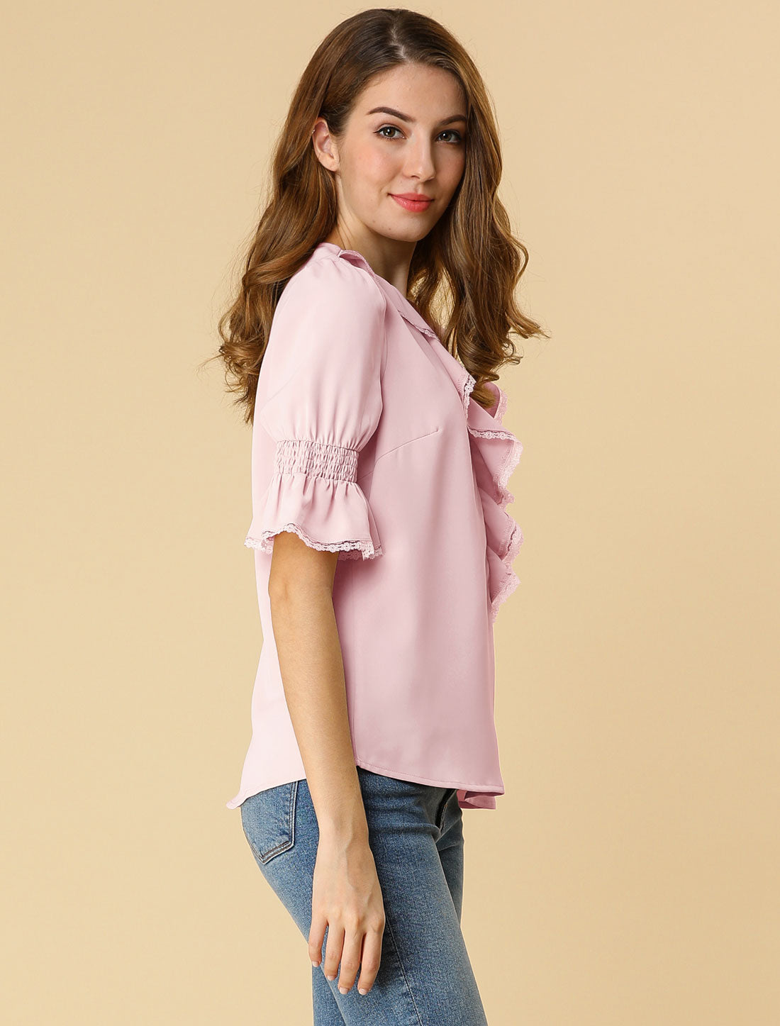 Allegra K Ruffle Puff Sleeve Lace Trim Chiffon Peasant Blouse