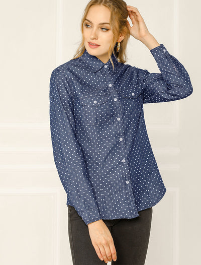 Button Down Long Sleeve Point Collar Chambray Poplin Shirt