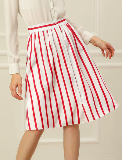 Striped Button Front Elastic Back Waist A-Line Midi Skirt