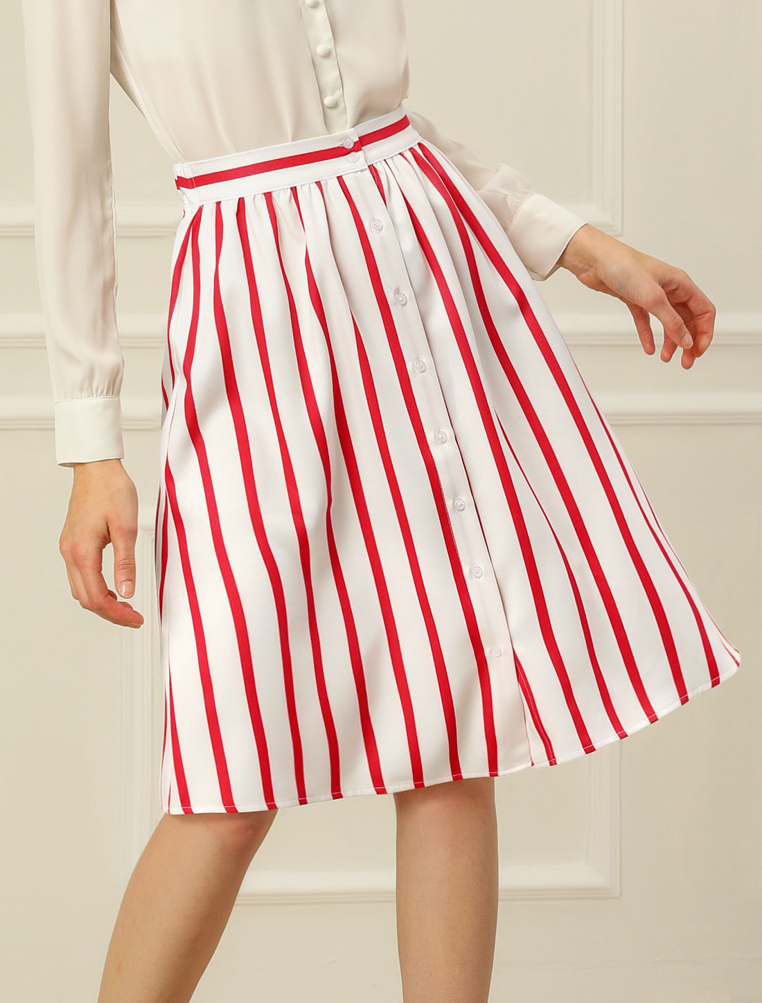 Allegra K Striped Button Front Elastic Back Waist A-Line Midi Skirt