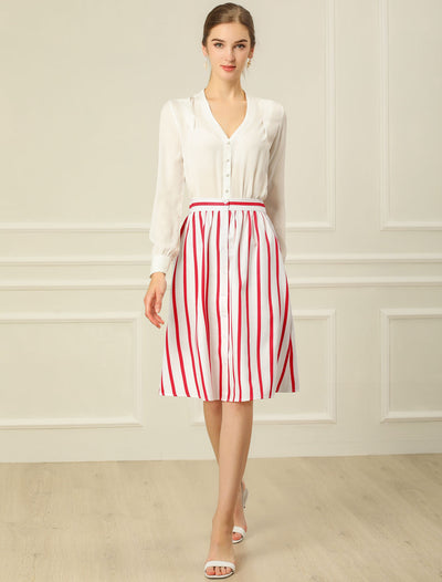 Striped Button Front Elastic Back Waist A-Line Midi Skirt