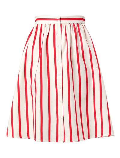 Striped Button Front Elastic Back Waist A-Line Midi Skirt