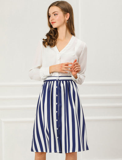 Striped Button Front Elastic Back Waist A-Line Midi Skirt