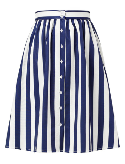 Striped Button Front Elastic Back Waist A-Line Midi Skirt