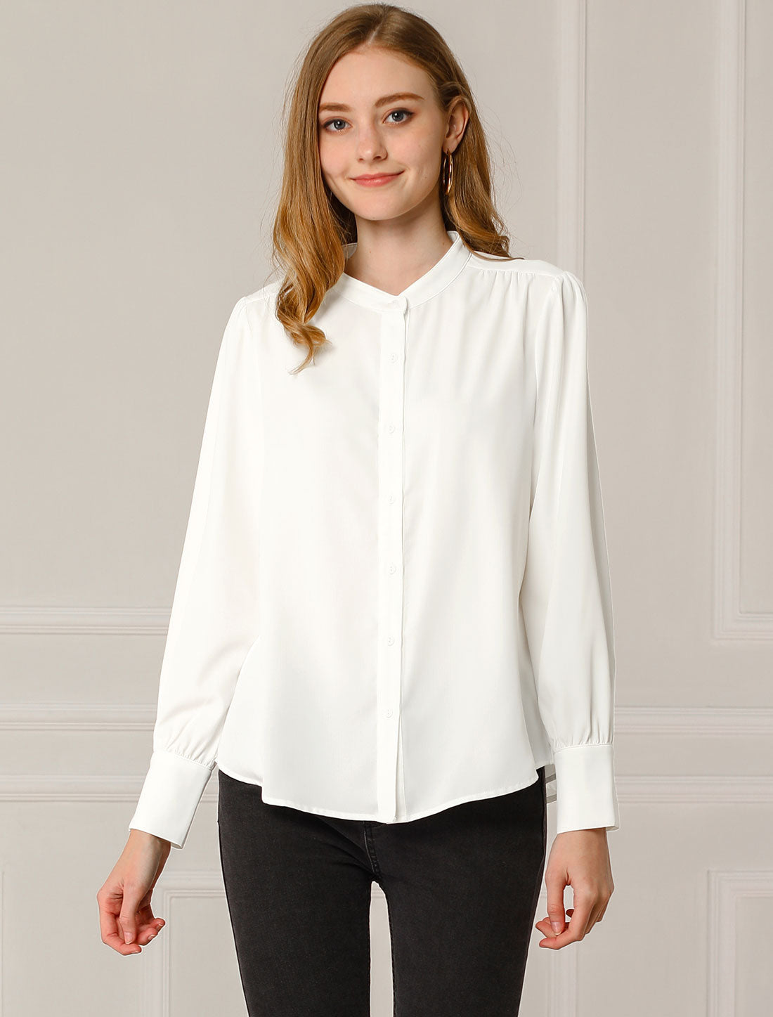 Allegra K Mandarin Collar Long Sleeve Button Down Office Shirt