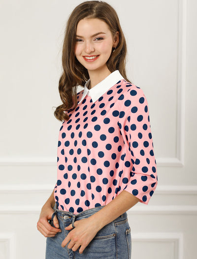 Polka Dots Contrast Peter Pan Collar Top 3/4 Sleeve Blouse Shirt