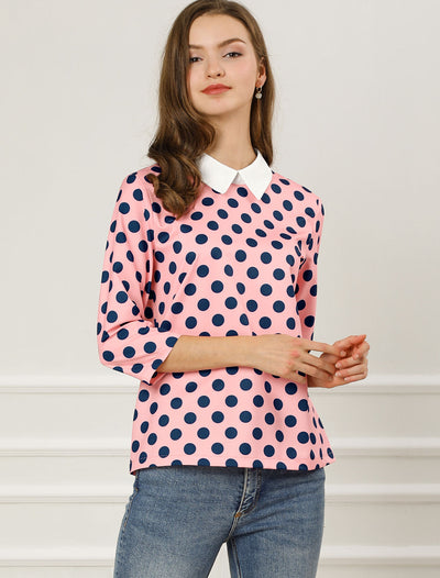 Polka Dots Contrast Peter Pan Collar Top 3/4 Sleeve Blouse Shirt