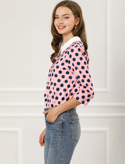 Polka Dots Contrast Peter Pan Collar Top 3/4 Sleeve Blouse Shirt