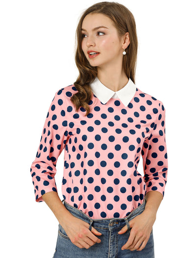 Polka Dots Contrast Peter Pan Collar Top 3/4 Sleeve Blouse Shirt