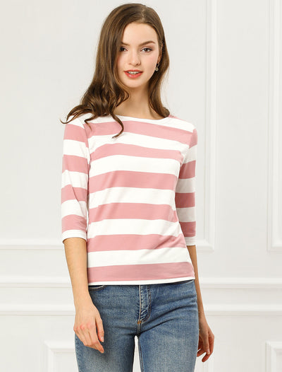 Allegra K Striped Elbow Sleeve Casual Basic Boat Neck T-shirt