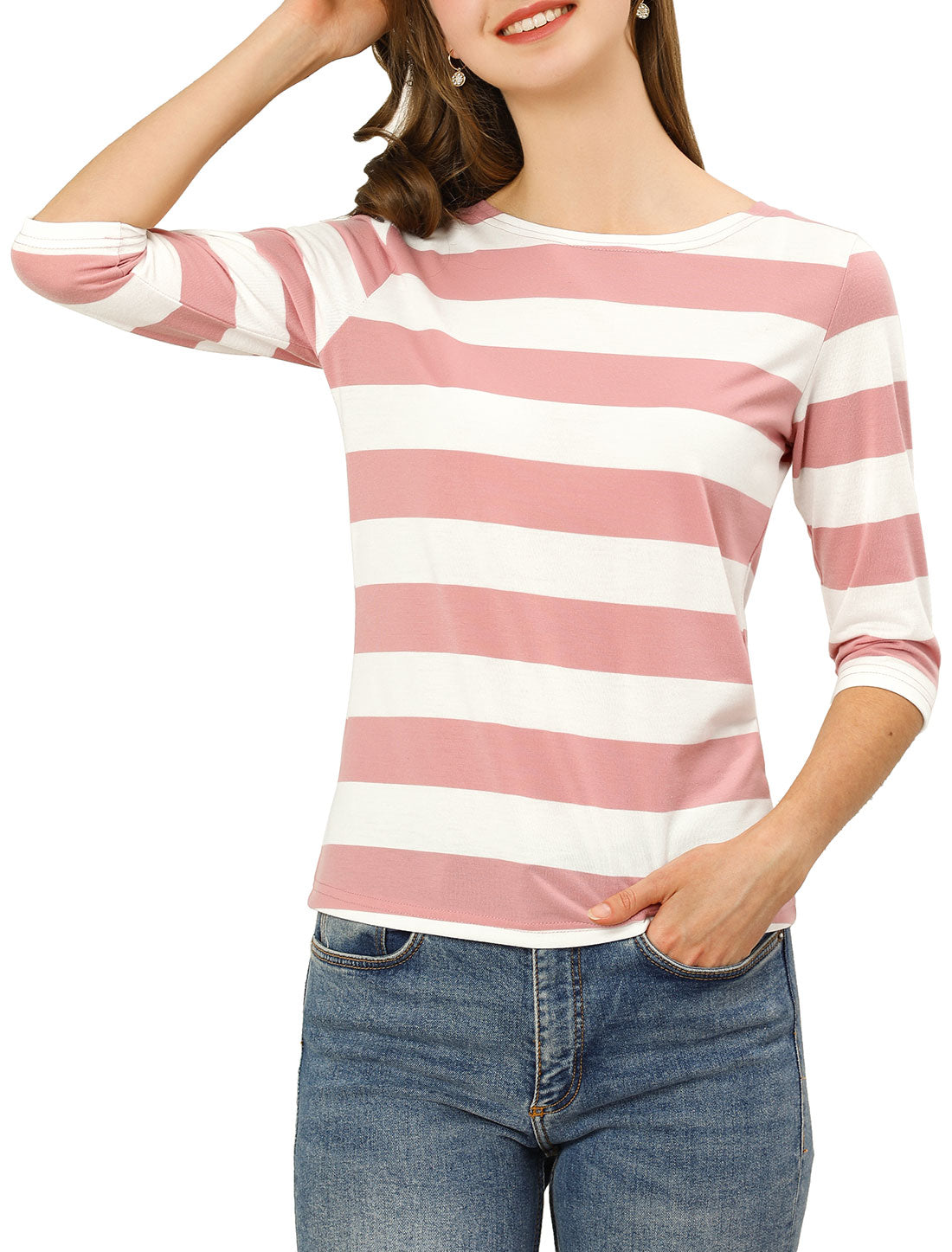 Allegra K Striped Elbow Sleeve Casual Basic Boat Neck T-shirt