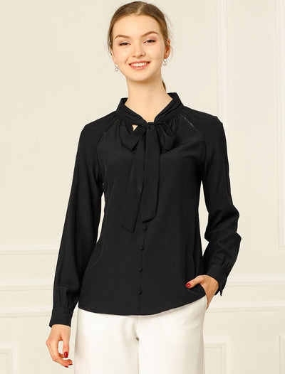 Office Long Sleeve Button Decor Elegant Bow Tie Neck Blouse