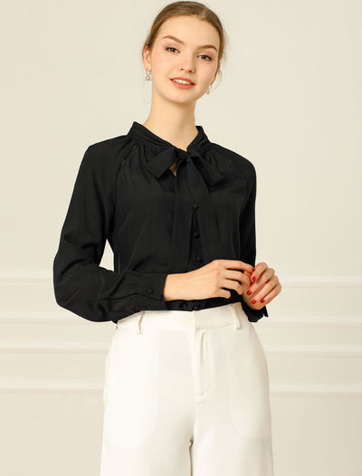 Office Long Sleeve Button Decor Elegant Bow Tie Neck Blouse