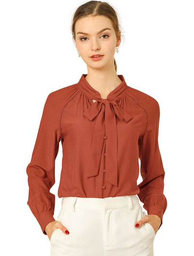 Office Long Sleeve Button Decor Elegant Bow Tie Neck Blouse