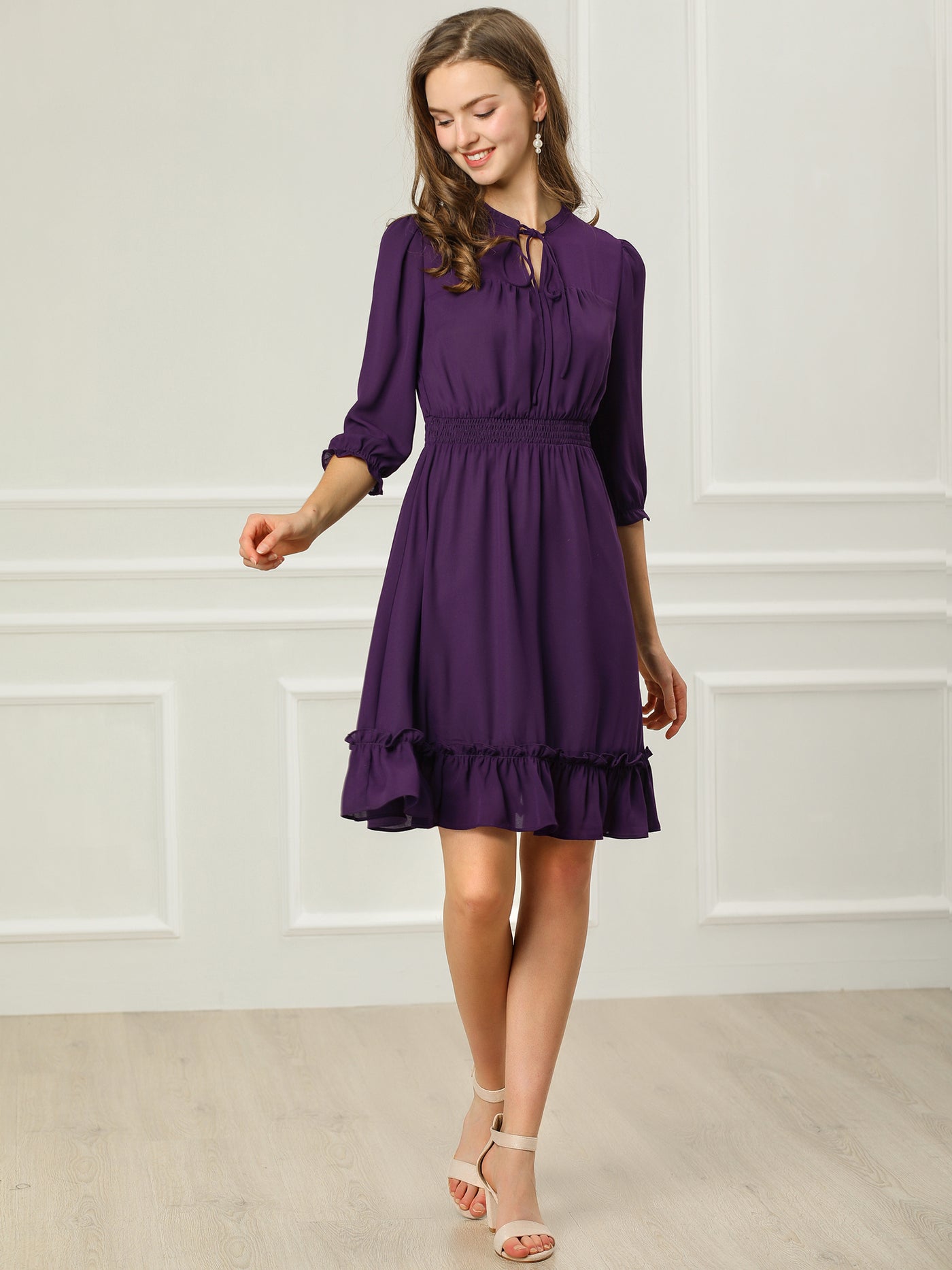 Allegra K Ruffle Hem 3/4 Sleeve A-Line Smocked Midi Chiffon Dress