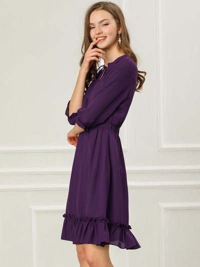 Ruffle Hem 3/4 Sleeve A-Line Smocked Midi Chiffon Dress