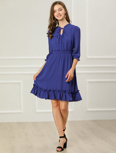 Ruffle Hem 3/4 Sleeve A-Line Smocked Midi Chiffon Dress