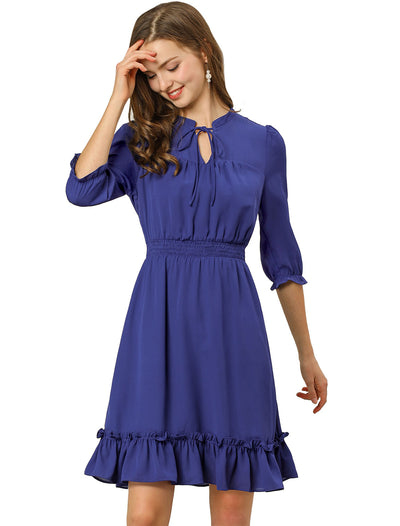 Ruffle Hem 3/4 Sleeve A-Line Smocked Midi Chiffon Dress