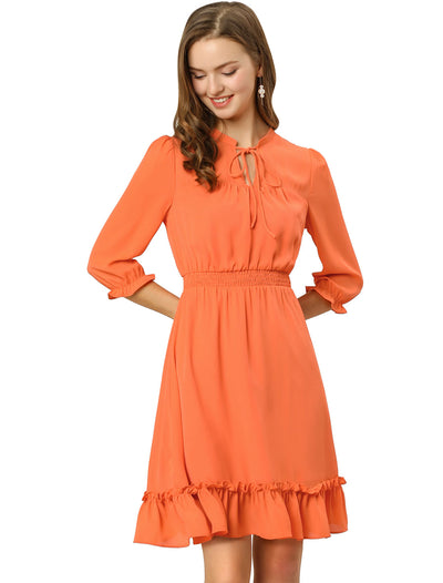 Ruffle Hem 3/4 Sleeve A-Line Smocked Midi Chiffon Dress