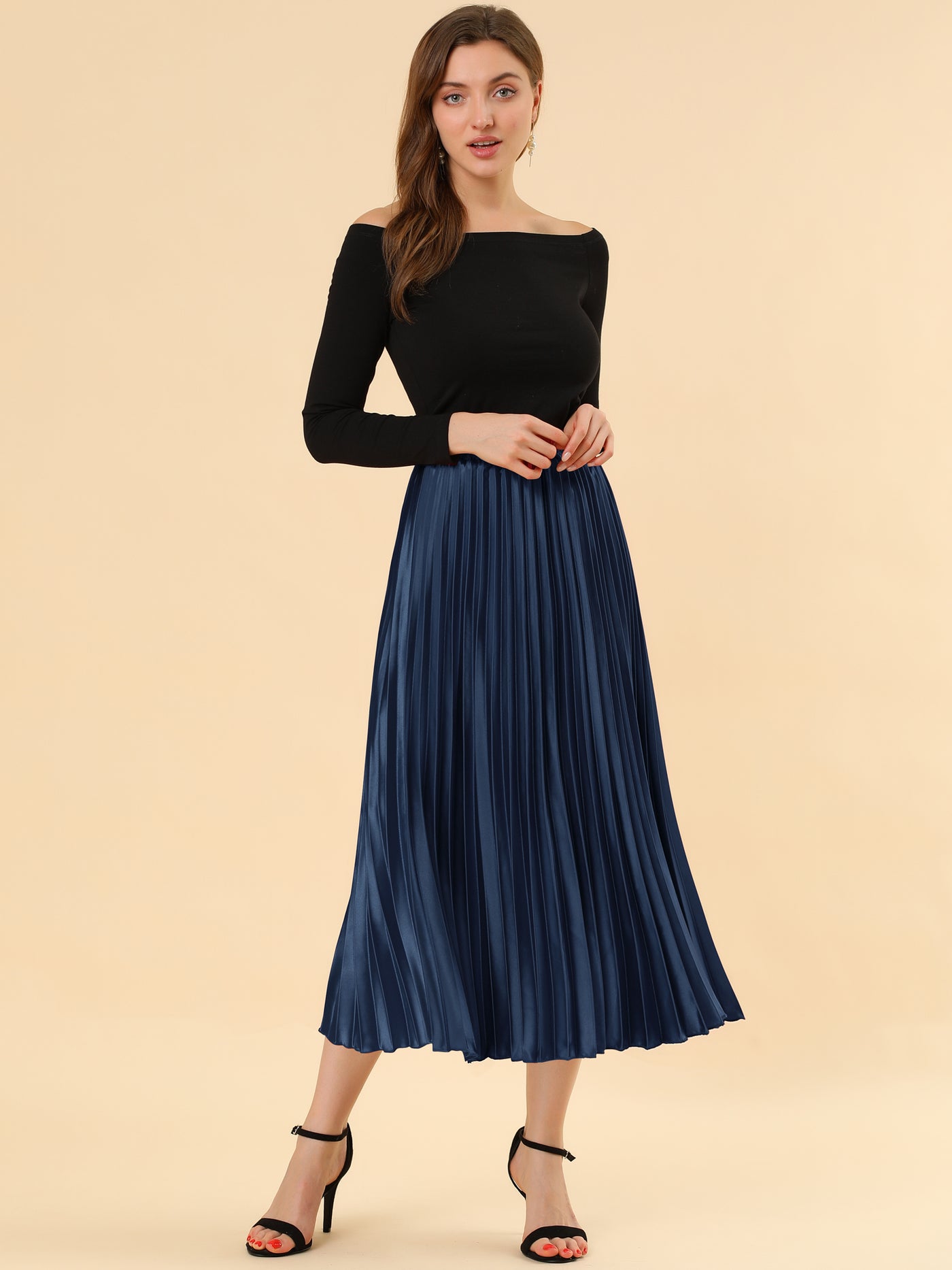 Allegra K Elastic Waist Metallic Shiny Accordion Pleated Midi Skirt