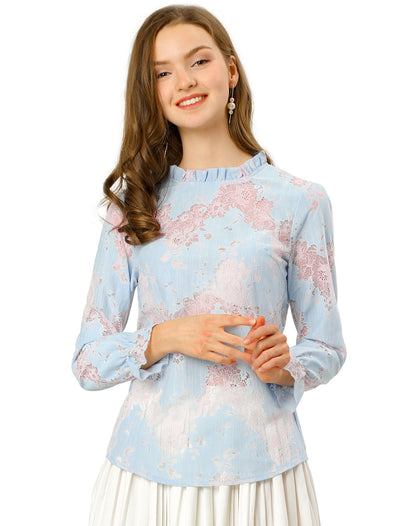 See Through Ruffle Frill Neck Long Sleeve Floral Lace Blouse