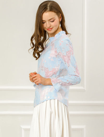 See Through Ruffle Frill Neck Long Sleeve Floral Lace Blouse