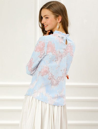 See Through Ruffle Frill Neck Long Sleeve Floral Lace Blouse