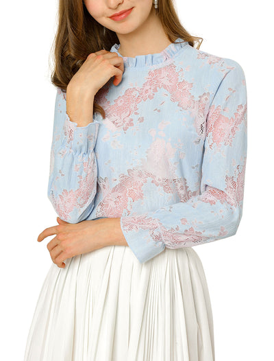 See Through Ruffle Frill Neck Long Sleeve Floral Lace Blouse