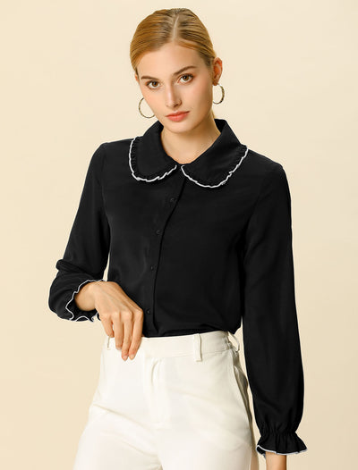 Sweet Ruffle Peter Pan Collar Long Sleeve Button Up Shirt