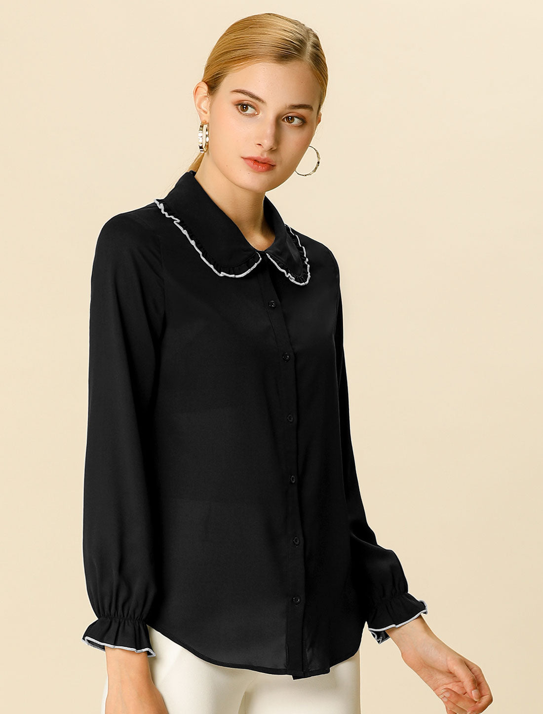 Allegra K Sweet Ruffle Peter Pan Collar Long Sleeve Button Up Shirt