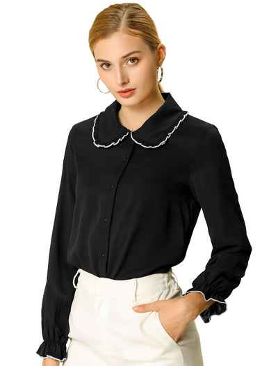 Sweet Ruffle Peter Pan Collar Long Sleeve Button Up Shirt