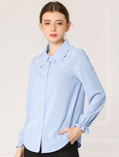 Sweet Ruffle Peter Pan Collar Long Sleeve Button Up Shirt