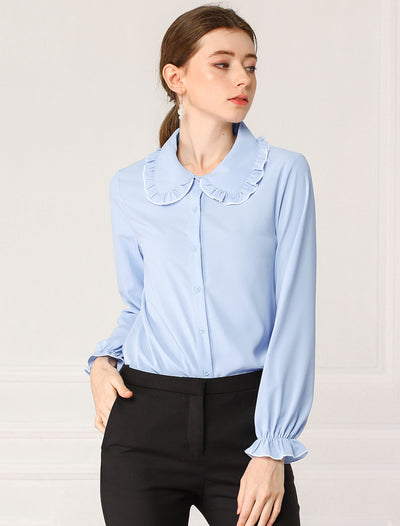 Sweet Ruffle Peter Pan Collar Long Sleeve Button Up Shirt