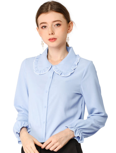 Sweet Ruffle Peter Pan Collar Long Sleeve Button Up Shirt