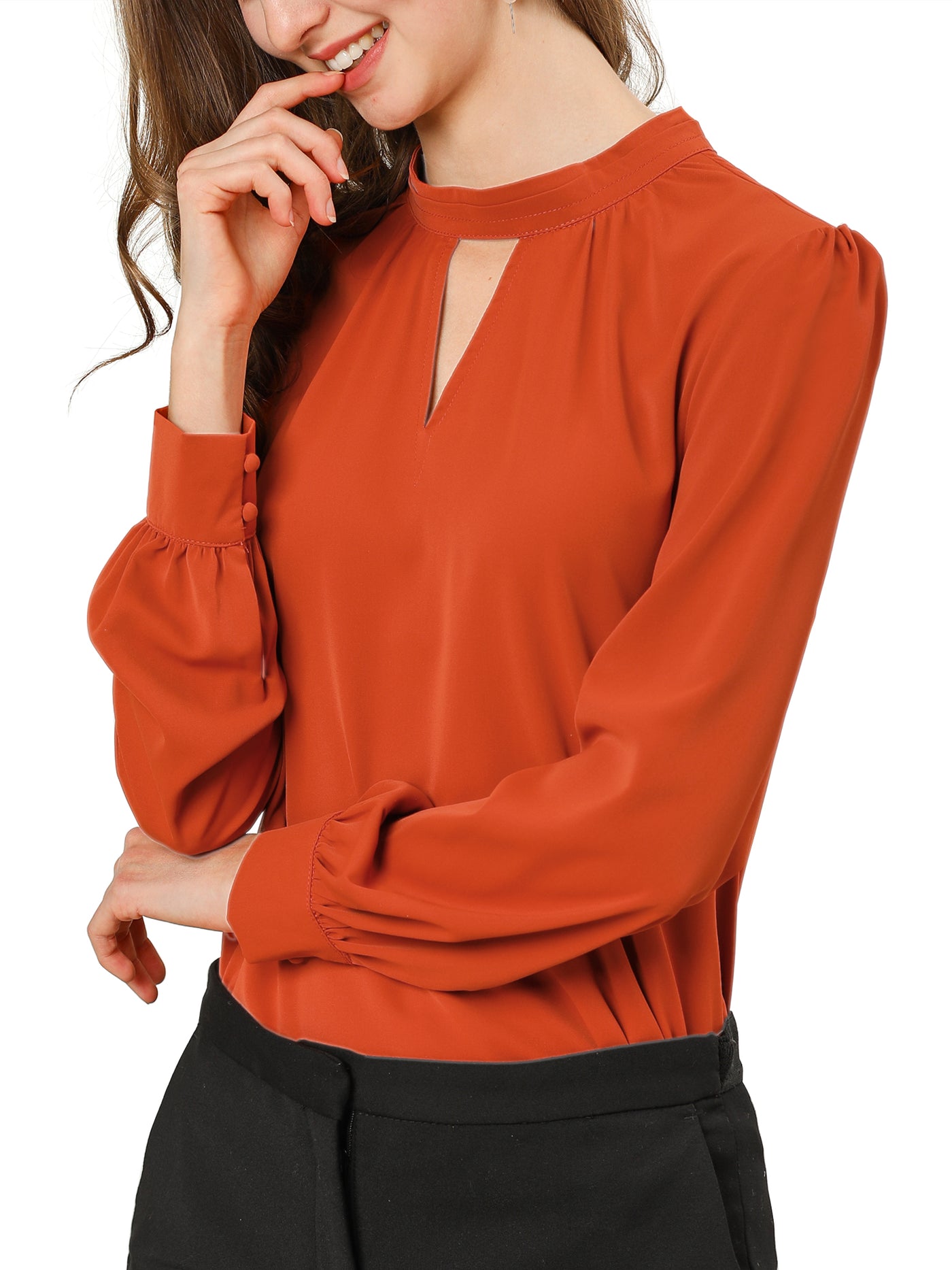 Allegra K Keyhole Elegant Stand Collar Long Sleeve Chiffon Office Blouse