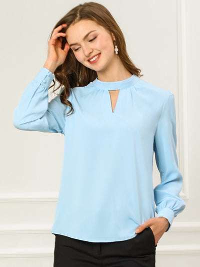 Keyhole Elegant Stand Collar Long Sleeve Chiffon Office Blouse