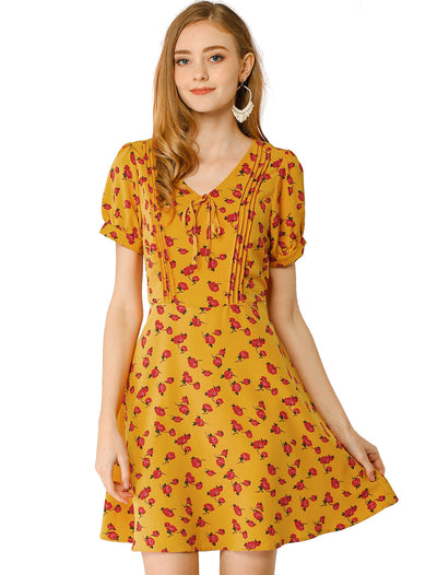 Floral Printed Pleated Front Cute A-Line Summer Dress