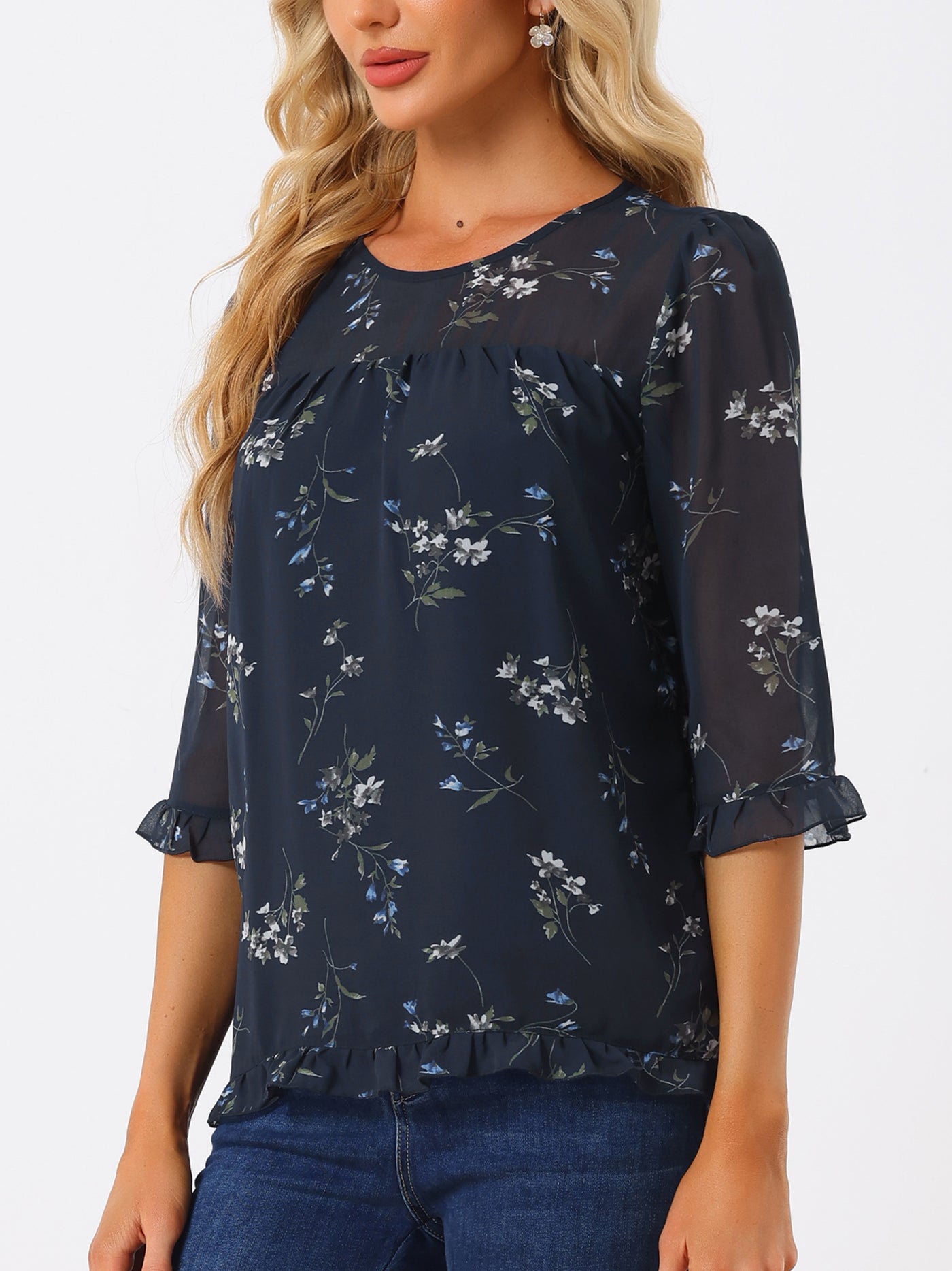 Allegra K Casual Ruffle 3/4 Sleeve Floral Print Chiffon Blouse