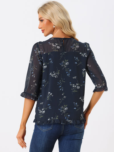 Casual Ruffle 3/4 Sleeve Floral Print Chiffon Blouse