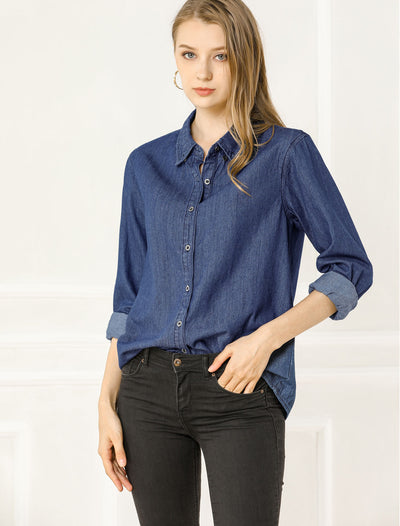 Classic Long Sleeve Button Down Casual Loose Denim Shirt