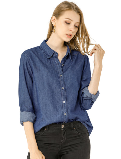 Classic Long Sleeve Button Down Casual Loose Denim Shirt