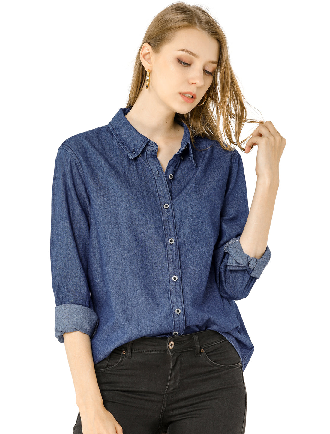 Allegra K Classic Long Sleeve Button Down Casual Loose Denim Shirt