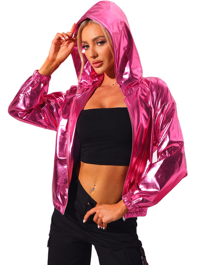 Holographic Party Shiny Lightweight Zipper Hooded Metallic Jacket