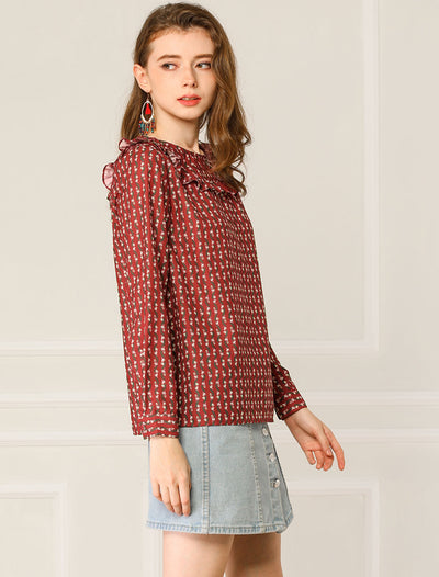 Ruffled Front Floral Long Sleeve Round Neck Blouse Top