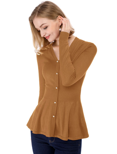 V Neck Long Sleeve Ribbed Pullover Knitted Peplum Top