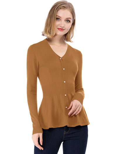 V Neck Long Sleeve Ribbed Pullover Knitted Peplum Top