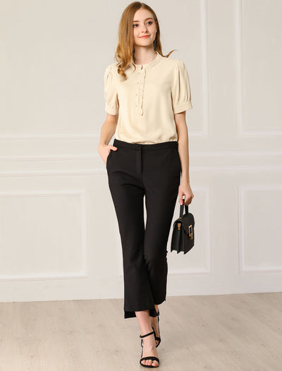 Work Office Top Puff Sleeve Half Placket Ruffled Shirt Blouse