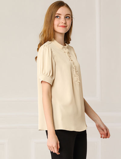 Work Office Top Puff Sleeve Half Placket Ruffled Shirt Blouse