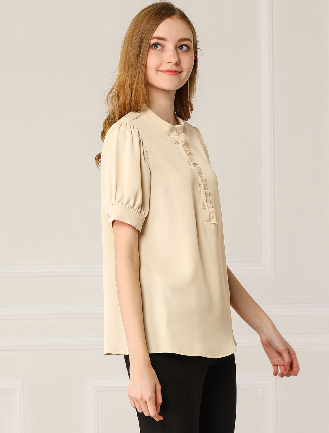 Allegra K Work Office Top Puff Sleeve Half Placket Ruffled Shirt Blouse