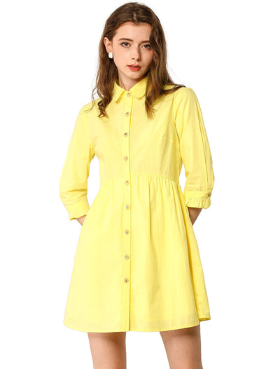 Ruched 3/4 Sleeve Button Up Casual Mini Shirt Dress